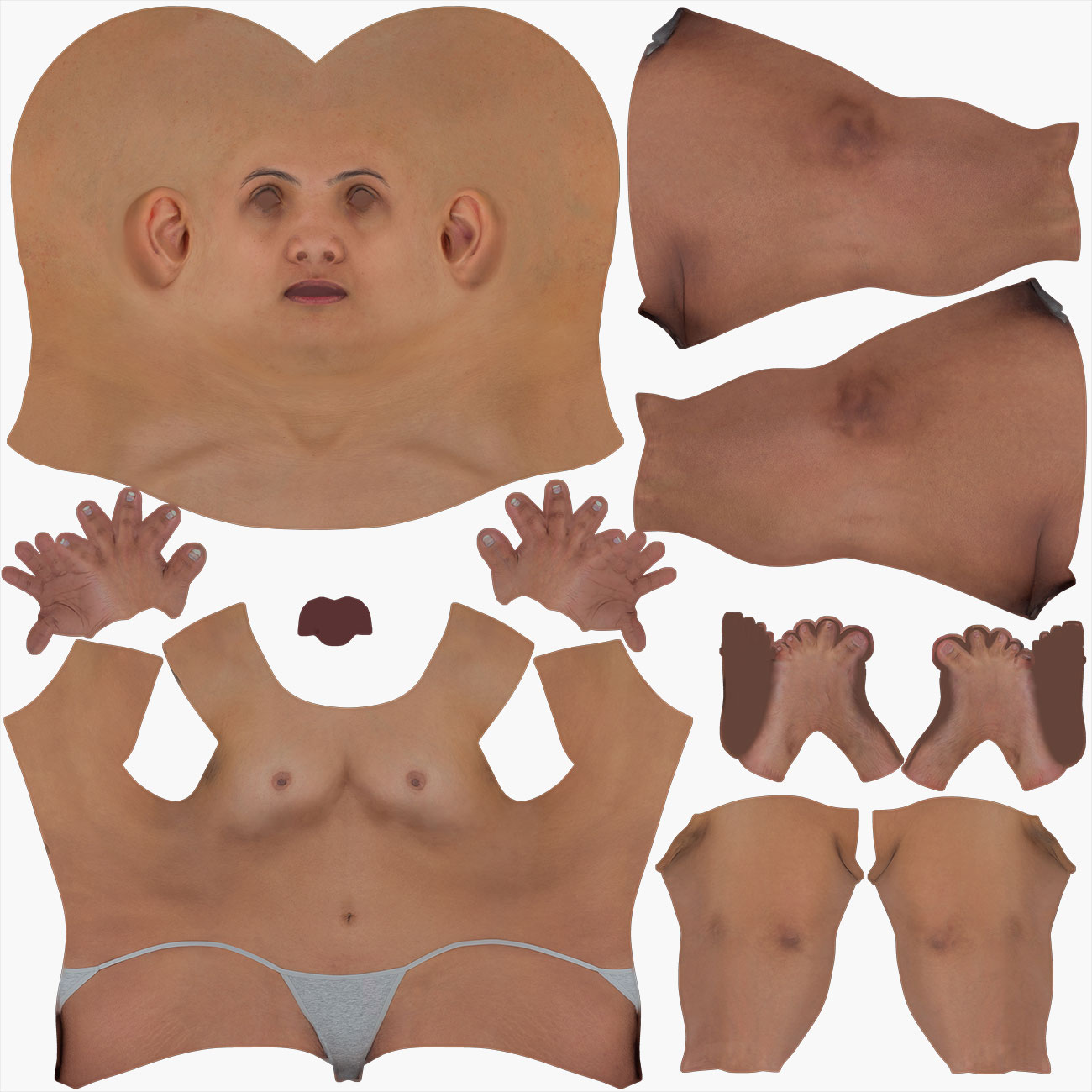 UV map layout for a female 3D body scan showing low-distortion texture unwrap across the full figure